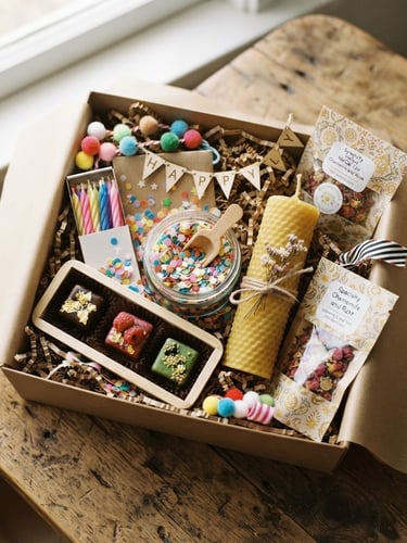 Overhead flat-lay of a vibrant birthday care package filled with colorful confetti, artisan chocolates, and a beeswax candle, soft natural window light, 35mm