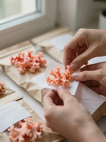 Close-up of hands carefully folding coral tissue paper over a beautifully arranged care package, soft natural window light, tactile textures, 35mm