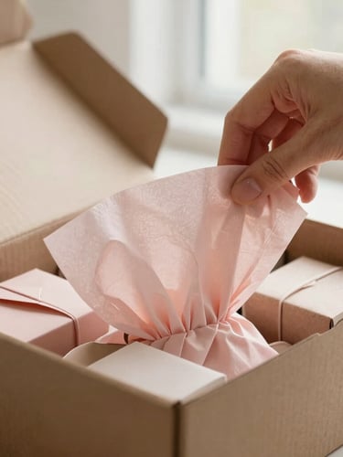 Hands carefully folding soft blush pink tissue paper over curated gift items inside a textured cardboard box, warm morning light