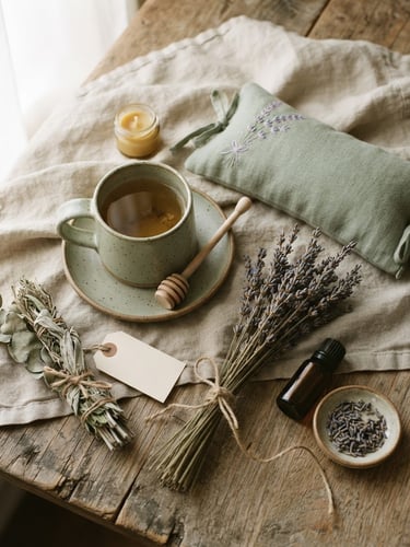 Overhead flat-lay of a self-care package with dried lavender sprigs, a ceramic mug, and a linen eye pillow, soft morning window light, muted sage tones, shallow depth of field.