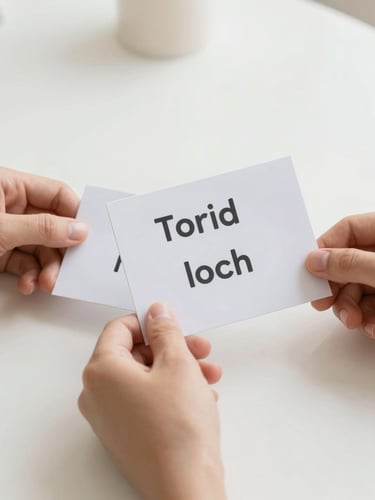 Close-up of hands holding printed social story cards on a clean white table, minimalist layout, soft daylight, shallow depth of field