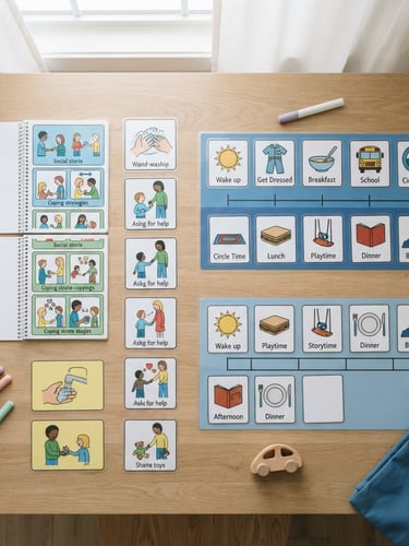 Overhead flat-lay of printed clinical social stories and structured visual schedule cards on a clean light wood table, soft natural daylight, minimalist aesthetic
