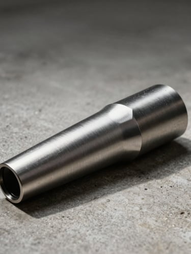 Sleek brushed-metal extraction nozzle resting on a raw concrete floor, dramatic side-lighting, sharp contrast, 35mm lens