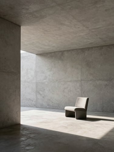 A sunlit, minimalist architectural interior with concrete walls, high ceilings, and a single piece of modernist furniture, captured in sharp focus with dramatic side-lighting.