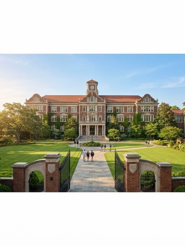Wide panoramic shot of Oakridge Academy's main building facade and grand entrance gates under soft morning sun, inviting and structured. Lush green lawns, clear blue sky.