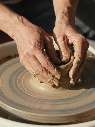 Close-up of a potter's hands gently shaping wet clay on a pottery wheel, soft natural light from the side, focus on the tactile texture of the clay and the movement of the hands, warm earthy tones, 35mm