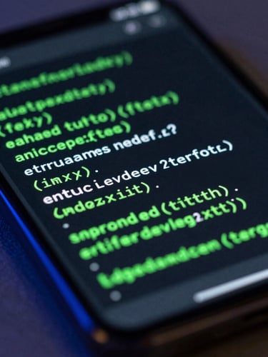 Macro close-up of a physical Android screen showing a dark IDE interface with sharp green syntax highlighting, reflecting moody blue rim light.