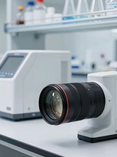 A clean laboratory environment with analytical testing equipment, cool-toned daylight, sharp commercial lens, highly technical.