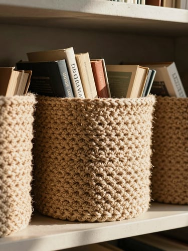 Warm editorial photography of structured heavy-gauge crochet baskets holding books on a concrete shelf, direct afternoon sunlight casting soft shadows, 50mm
