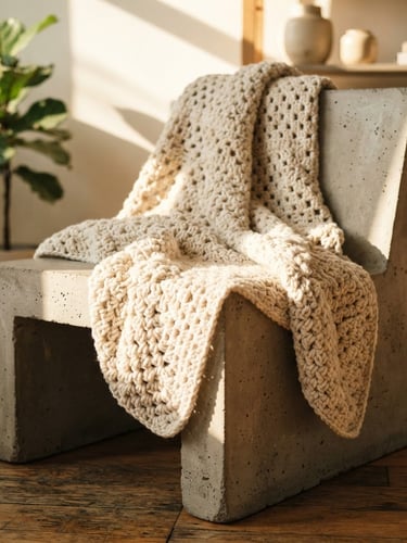 Warm editorial photography of a heavy-gauge cotton crochet throw draped over a minimalist concrete chair, direct afternoon sunlight casting soft shadows, rich tactile textures, 50mm