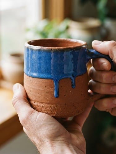 Tight, tactile macro shot of a heavy-bottomed terracotta mug held in two hands, vibrant cobalt glaze dripping slightly, soft morning window light, shallow depth of field, 35mm film.