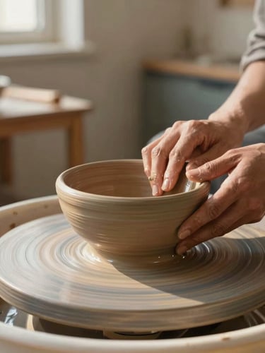 Portrait-oriented shot of a potter's hands gently smoothing the rim of a freshly thrown stoneware bowl on a wheel, warm morning light, shallow depth of field, studio background with drying racks.