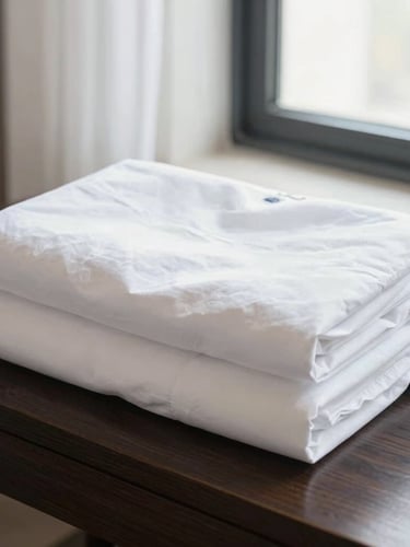 Crisp white folded linens stacked neatly on a dark wooden table in a bright hotel room, natural window light, sharp focus