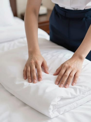 Medium close-up of precise hands in clean uniform smoothing crisp white linens on a hotel bed, bright daylight, 35mm lens