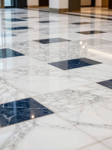 Low-angle reflection of a pristine, polished marble floor in a modern hotel lobby, bright professional indoor lighting, sharp focus