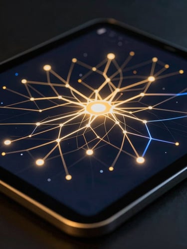 Macro shot of a high-end digital tablet displaying golden and blue neural network visualizations, moody low-key studio lighting, sleek dark-mode editorial style