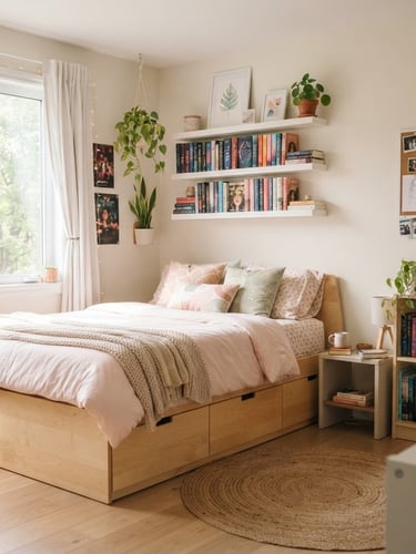 Bright teen bedroom with a light birch wood storage bed, pastel bedding, and a floating book rack, soft morning light from a window, clean composition, 35mm lens, image bleeding to the right edge.