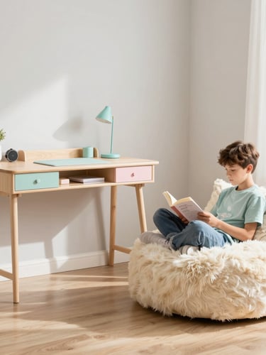 Bright interior photography of a styled teen bedroom with a pastel gaming desk and a faux fur bean lounger, soft natural morning light, light birch wood, clean composition, 35mm lens. A teen is casually reading on the lounger.