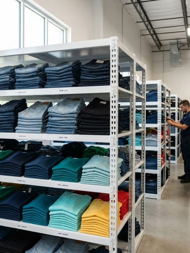 Bright professional photography of neatly organized wholesale apparel warehouse, folded denim and colorful shirts on clean white shelves, natural daylight, sharp focus, 35mm lens