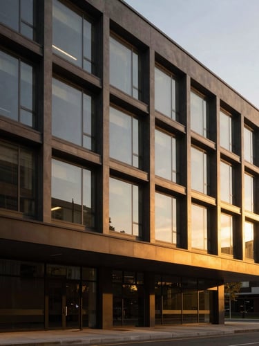 Modern corporate office exterior with clean architectural lines, warm golden hour ambient lighting, professional editorial composition, medium format