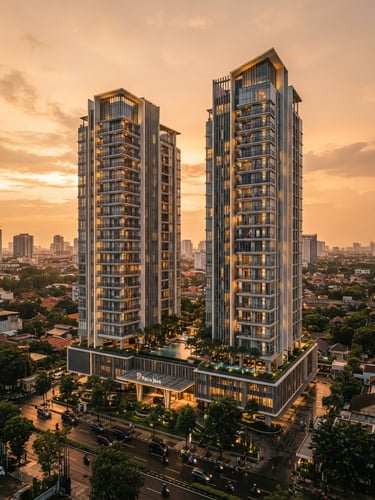 Warm golden hour architectural shot of a modern Jakarta high-rise apartment building developed by Patra Jasa, clean lines, professional editorial photography, medium format
