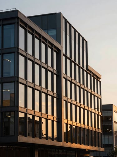 Modern corporate office building exterior with clean geometric lines, glass facade reflecting golden hour sunlight, professional architectural photography