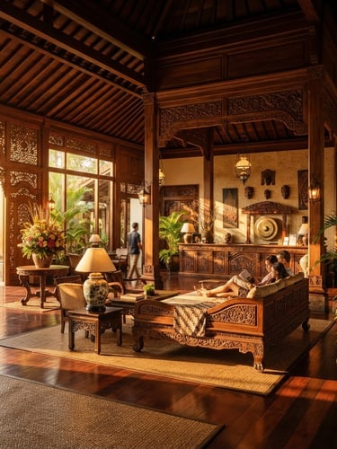 Warm hotel lobby interior with golden hour natural light, rich deep wood tones, elegant Indonesian architectural accents, editorial composition
