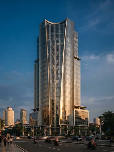 Warm golden hour architectural shot of the Patra Jasa headquarters building in Jakarta, clean lines, professional editorial composition, medium format