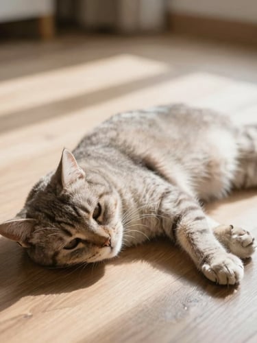 A serene cat resting in a warm sunspot on a wooden floor, soft natural indoor daylight, shallow depth of field, 35mm photography