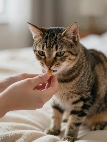 A close-up of gentle human hands slowly presenting a small treat to a relaxed tabby cat sitting on a warm cream-colored blanket, soft natural indoor daylight, shallow depth of field, 35mm