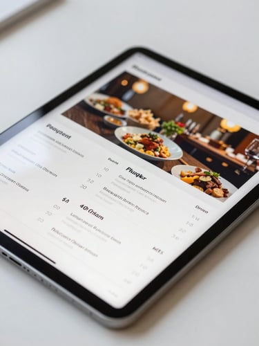 Angled close-up of a modern tablet displaying a highly detailed restaurant digital menu UI, soft daylight reflecting on the screen, active clean workspace background
