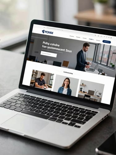 editorial tech photography, natural daylight with soft screen glow, a high-fidelity responsive corporate website mockup displayed on a modern laptop screen, angled shot on a clean dark slate office desk, 50mm lens