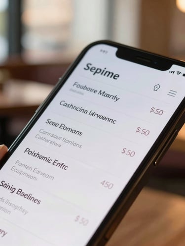 Tight angled shot of a mobile phone displaying an interactive digital menu, soft daylight, warm restaurant background, crisp details, 50mm lens