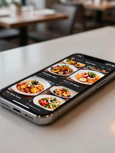 Angled close-up of a smartphone screen displaying a vibrant digital menu with high-resolution food photography, resting on a clean modern restaurant counter in soft natural daylight, 50mm lens.