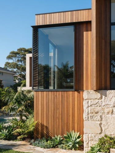 Bright architectural detail of a premium Sydney Eastern Suburbs home exterior, crisp natural daylight, clean composition with blue sky tones, 35mm lens