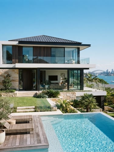 Bright architectural photography of a premium Sydney residential exterior with clean lines, crisp natural daylight, and subtle blue tones, 35mm lens.