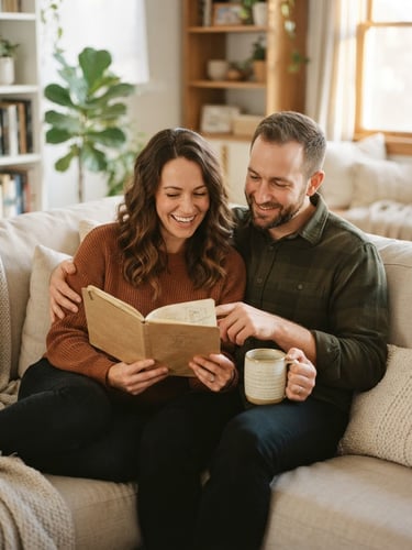 A real couple sitting together on a soft beige sofa, sharing a warm cup of coffee, smiling and looking over a simple notebook, warm afternoon light, shallow depth of field, 35mm