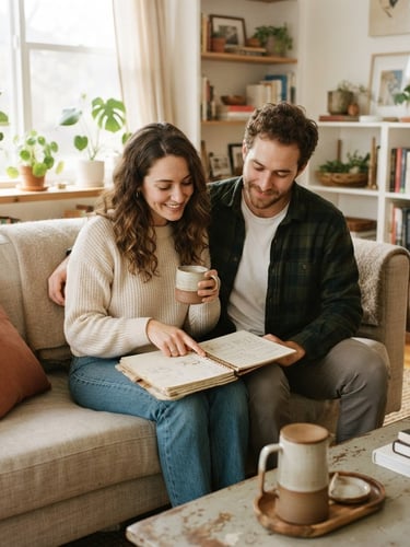A warm editorial lifestyle photo of a young couple sitting calmly on a sofa in a bright living room, sharing a coffee and looking over a notebook together, soft afternoon light, 35mm