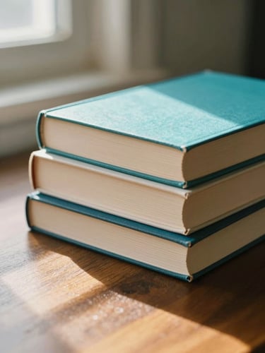 A stack of three thick paperback novels with cream paper edges on a dark wooden writing desk, morning light casting long shadows