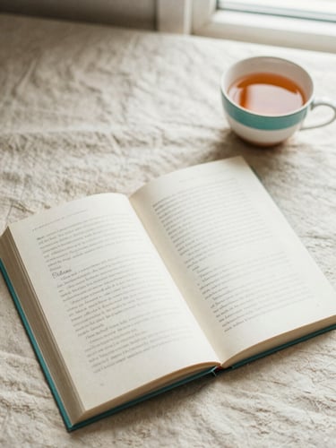 Overhead flat-lay of an open paperback book on a cream linen sheet, a warm cup of tea beside it, soft natural morning light, shallow depth of field.