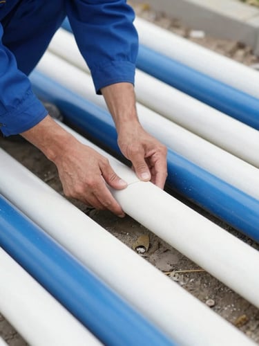 Close-up of a technician installing sub-slab reticulation pipes, focus on clean installation, bright natural daylight, blue and white tones, 35mm