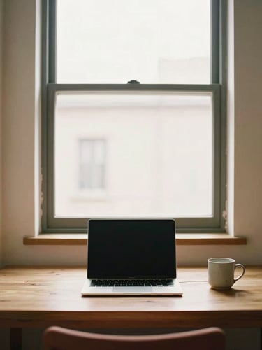Straight-on architectural portrait of a sunlit suite interior, a clean wooden desk with a laptop and ceramic mug, soft terracotta accents, warm morning window light, 35mm photography