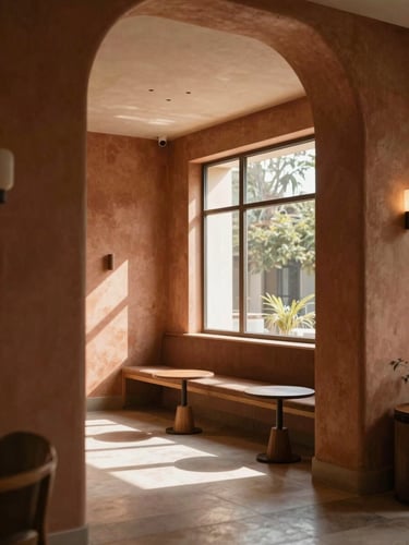 Sunlit modern boutique hotel lobby, warm terracotta accents, architectural framing, soft morning light, 35mm