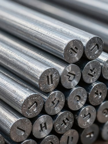 Macro photograph of stacked stainless steel round bars in an industrial warehouse, cool metallic tones, sharp focus on stamped heat numbers, 50mm lens.