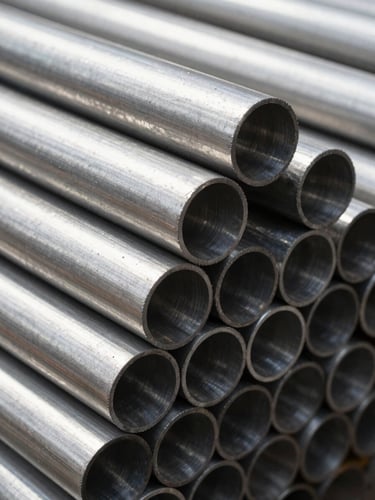 Macro detail shot of heavy-wall stainless steel pipes stacked in a Mumbai warehouse, cool metallic tones, sharp focus on steel textures, high-contrast industrial lighting