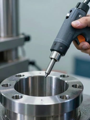Close-up of a metallurgical technician using a handheld PMI gun to verify the chemical composition of a polished metal flange, cool industrial lighting.