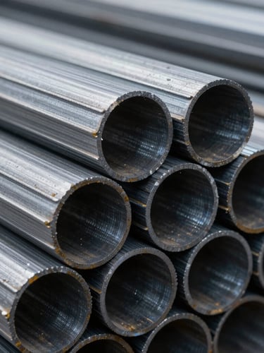 Macro detail shot of heavy industrial steel round bars stacked in a cool-toned warehouse, high-contrast lighting, sharp metallic textures.