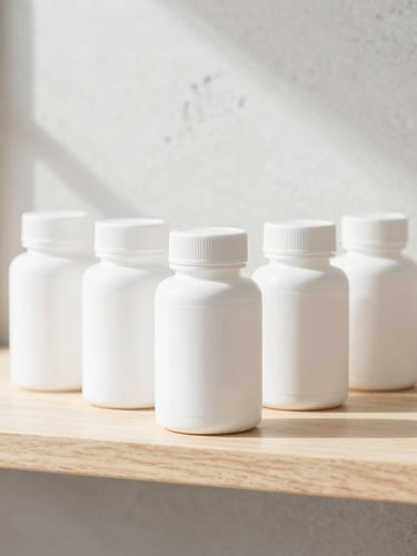 Bright high-key lifestyle photography of sealed vitamin bottles arranged neatly on a light wooden shelf, soft diffused shadows, clean minimalist setting
