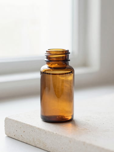 Bright high-key product photography of a clean amber vitamin bottle on a neutral white stone surface, soft natural window light, 50mm