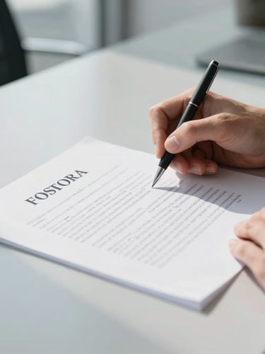 Close-up macro shot of hands signing a crisp corporate contract on a clean minimalist slate gray desk, bright natural office daylight, sharp focus, professional cool tones, 35mm